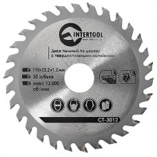 Диск пильный по дереву с твердосплавными напайками 115*22.2*1.4мм, 30 зубьев INTERTOOL CT-3012