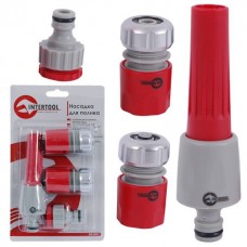 Насадка для полива с плавной регулировкой потока воды + адаптер с резьбой 3/4", 1" и 2 хромированных коннектора для шланга 1/2" INTERTOOL GE-0031