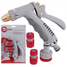 Пистолет-распылитель для полива хромированный, плавная регулировка потока воды + адаптер с резьбой 1/2", 3/4" и 2 коннектора для шланга 1/2" INTERTOOL GE-0014